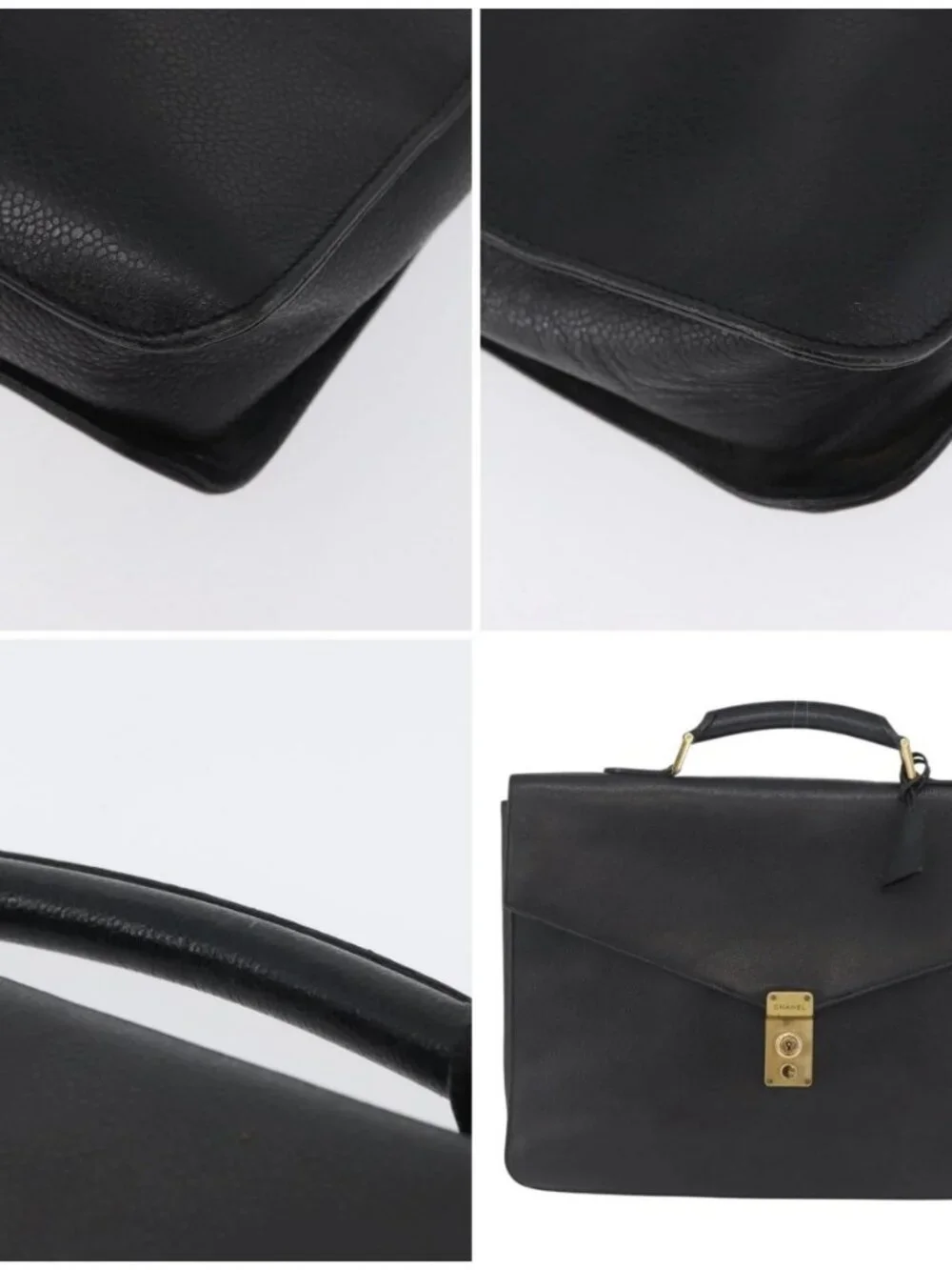 CHANEL Business Bag Grained Calf Skin Black Gold CC Auth ka2603